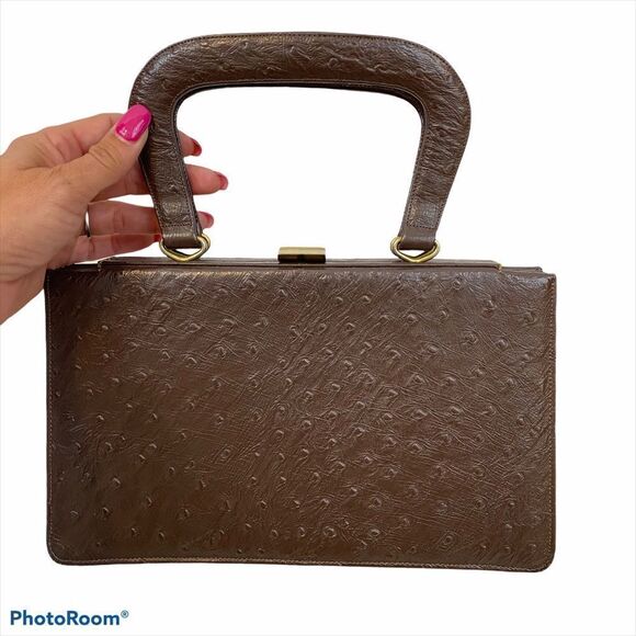 Vintage Chocolate Colored Ostrich Leather Hand Bag - Picture 1 of 13